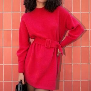 & other stories belted knit wool blend sweater dress in red